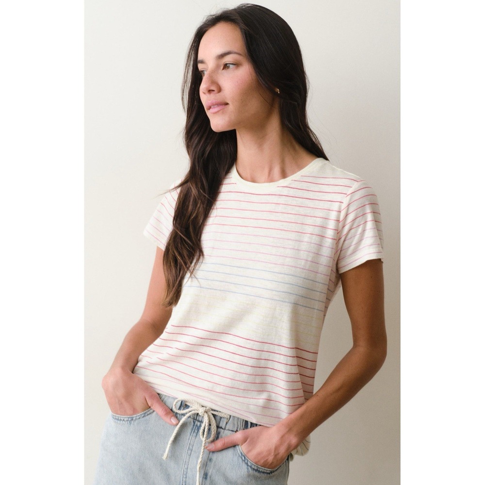 Marine Layer Stripe Cotton Blend Tee Shirt Women's Sz M Preppy Colorful Momcore